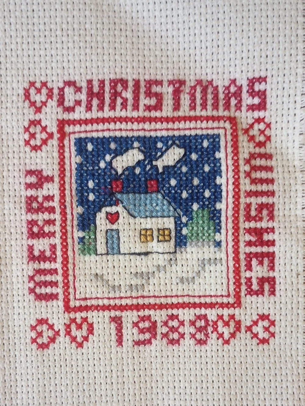 Completed Counted Cross Stitch Vintage Christmas Holiday 1988 Sampler